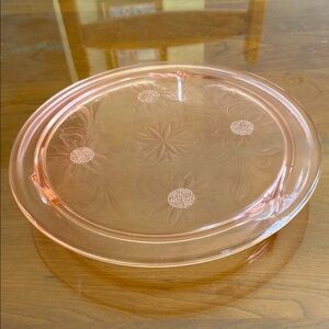 Elegant Pink Depression Glass Serving Platter. Jeanette Sunflower pattern.